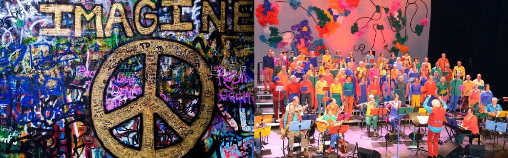 lennon wall en podiumfoto van de kleurrijke Wosh zang&muziekgroep