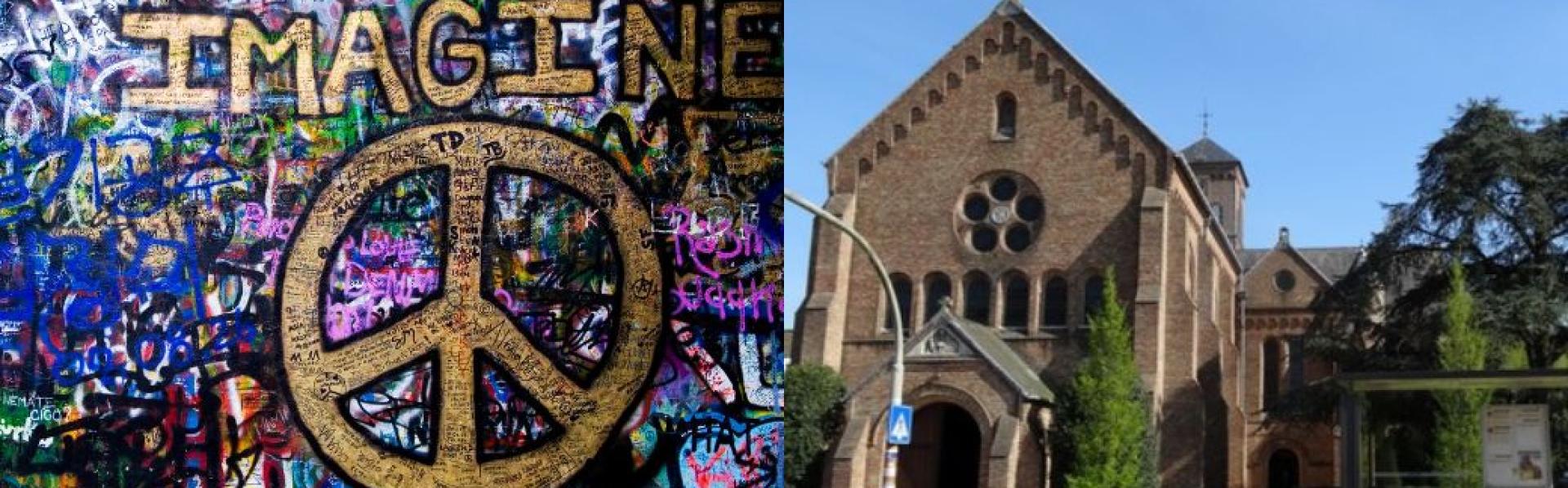 lennon wall met graffiti imagine peace - beeld Sint Baafs kerk op Sint Andries Brugge