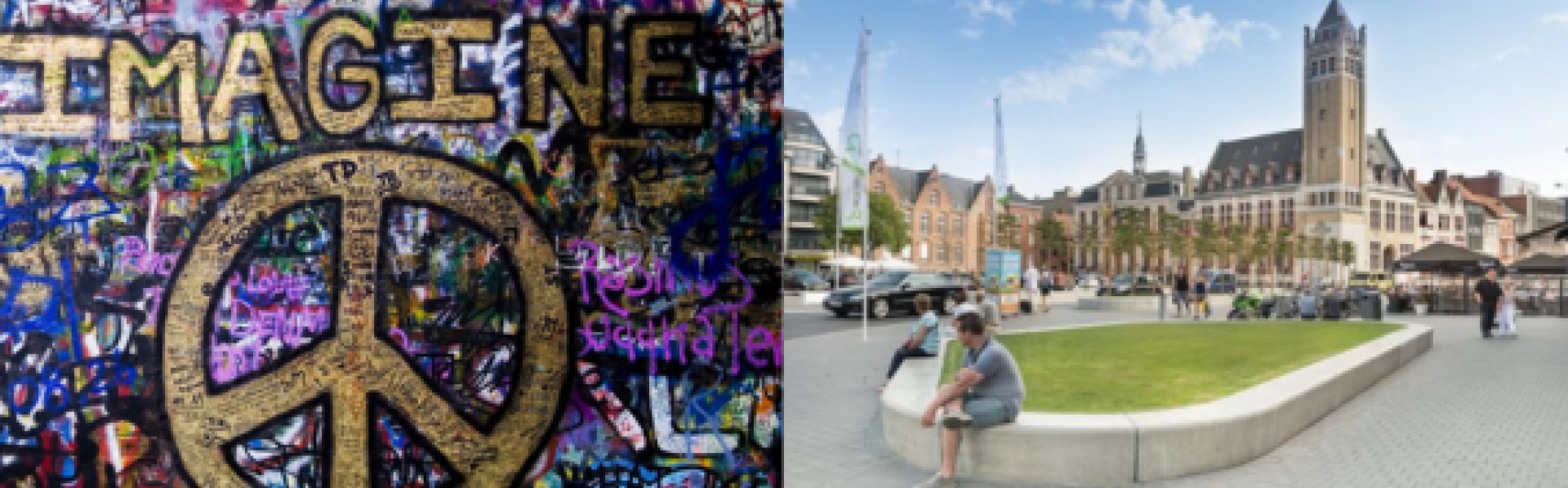 imagine peace graffiti op Lennon Wall en grote markt in Roeselare