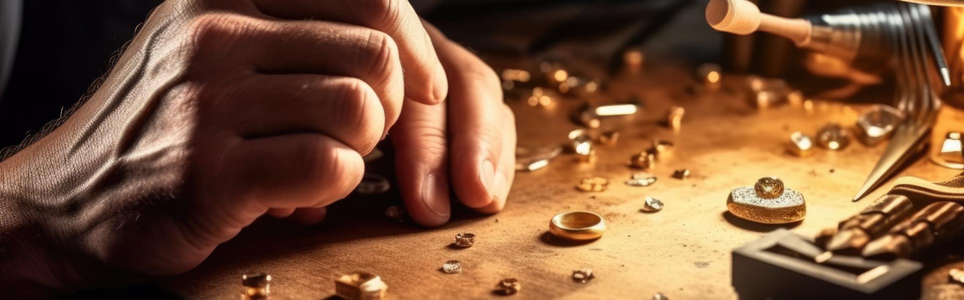 De handen van een juwelier stoppen een edelsteen in een juweel. Onder een enkele tafellamp liggen edelsteentjes en ringen verstrooid over een houten werkplank.