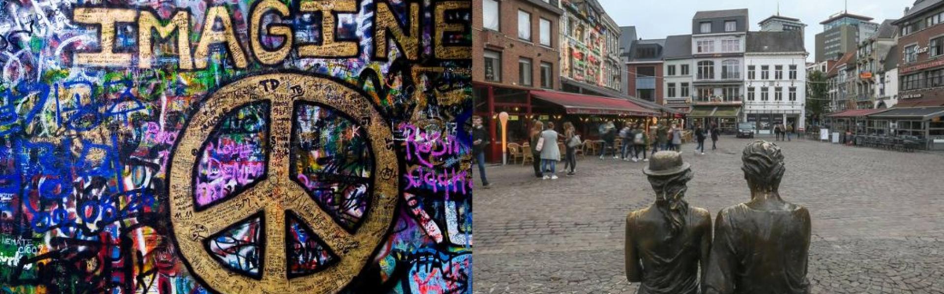 lennon wall met graffiti Imagine peace en daarnaast foto grote markt hasselt