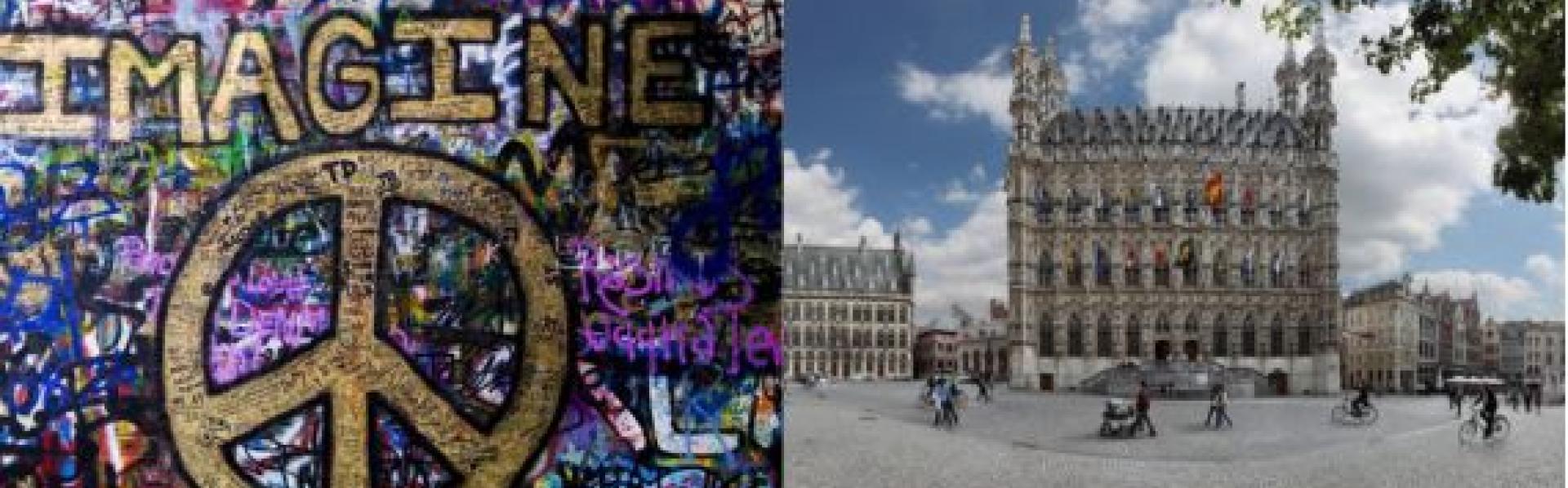 Lennon Wall met graffiti imagine peace en grote markt van Leuven