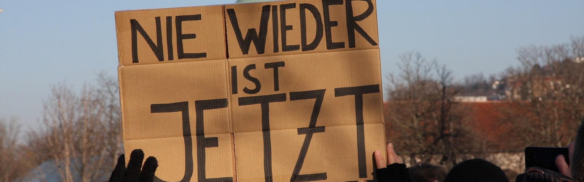Betoging met karton "nie wieder ist jetzt" (NOOIT MEER IS NU)