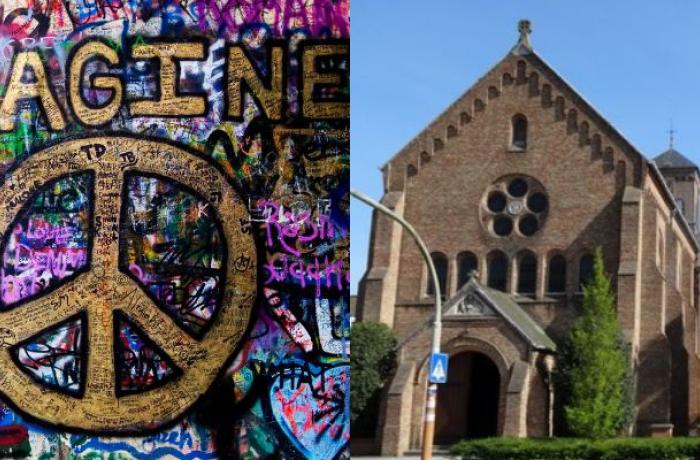 lennon wall met graffiti imagine peace - beeld Sint Baafs kerk op Sint Andries Brugge