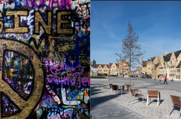 Imagine peace graffiti op de Lennon Wall met daarnaast marktplein van Diksmuide