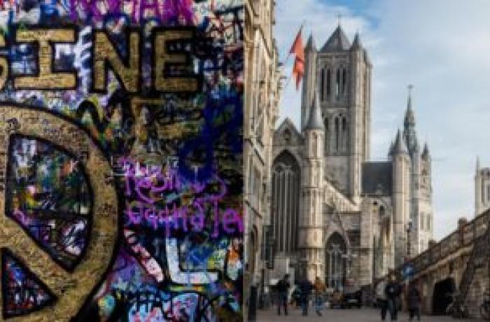 Lennon wall met graffiti Imagine Peace en zich op binnenstad Gent