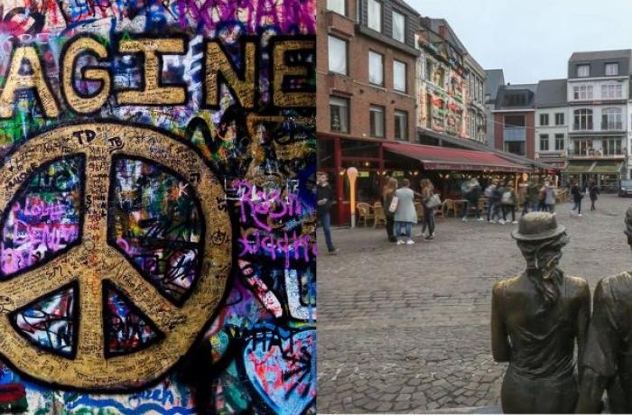 lennon wall met graffiti Imagine peace en daarnaast foto grote markt hasselt