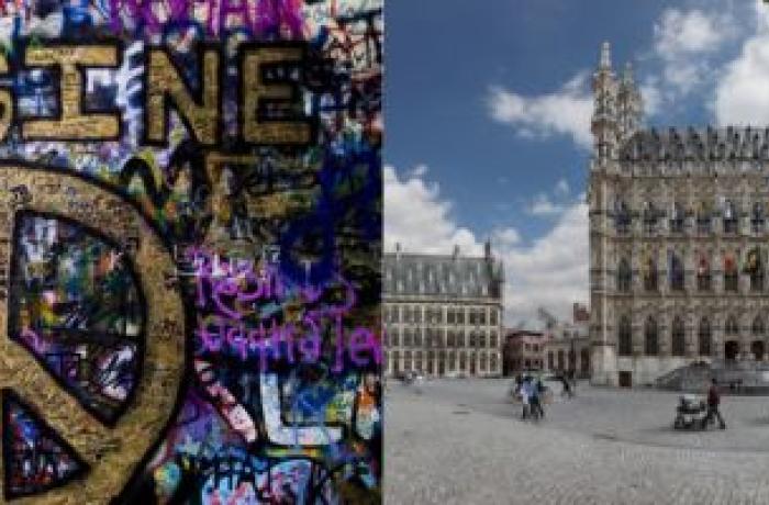 Lennon Wall met graffiti imagine peace en grote markt van Leuven