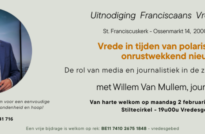 Uitnodiging Vredesgebed februari 2026 - met foto van gastspreker, Willem Van Mullem